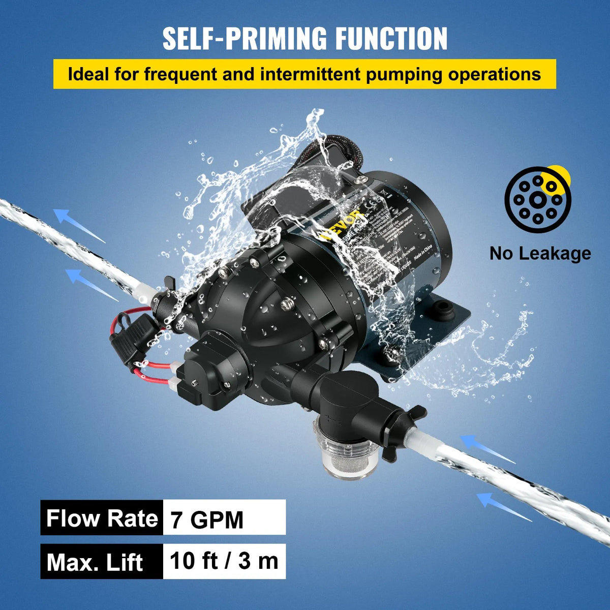 VEVOR Wash Pump, 12 V DC, 26 l/min, Pressure up to 4 bar, Self-Priming Water Pump with 3 m Lift, EPDM Valve, Universal Saltwater Filter and Internal/External Threaded Connection, for Campers, Boats and Yachts