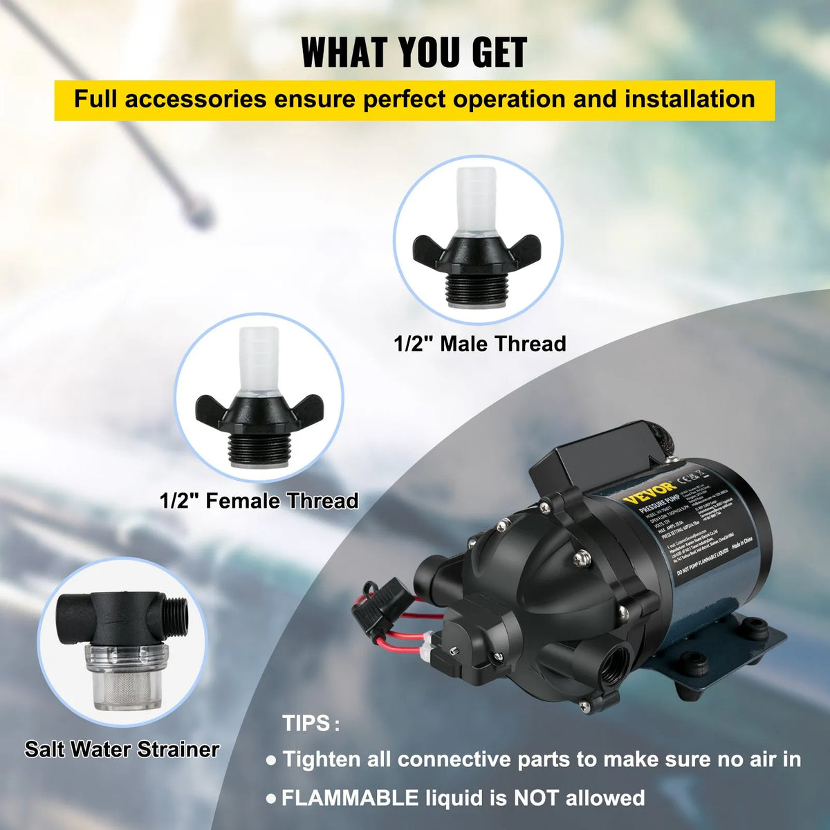 VEVOR Wash Pump, 12 V DC, 26 l/min, Pressure up to 4 bar, Self-Priming Water Pump with 3 m Lift, EPDM Valve, Universal Saltwater Filter and Internal/External Threaded Connection, for Campers, Boats and Yachts