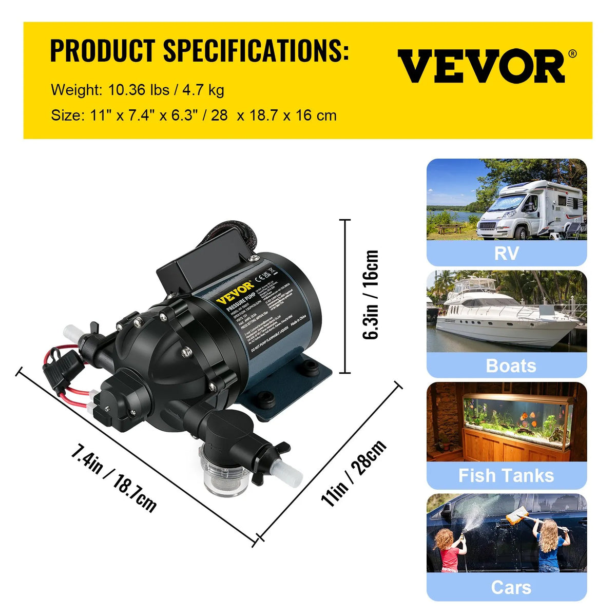VEVOR Wash Pump, 12 V DC, 26 l/min, Pressure up to 4 bar, Self-Priming Water Pump with 3 m Lift, EPDM Valve, Universal Saltwater Filter and Internal/External Threaded Connection, for Campers, Boats and Yachts