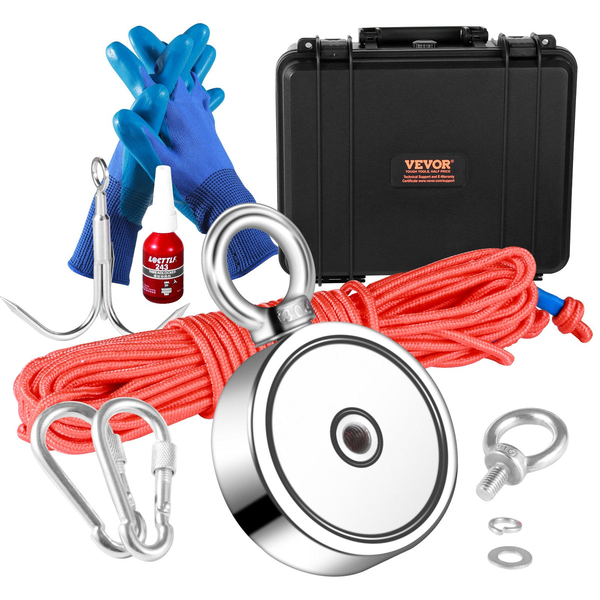 VEVOR Magnetic Fishing Kit with 545 kg Pulling Force, Double-Sided, Ø 75 mm, with Rope, Hook, Gloves, Waterproof Case, Eyebolt and Carabiner