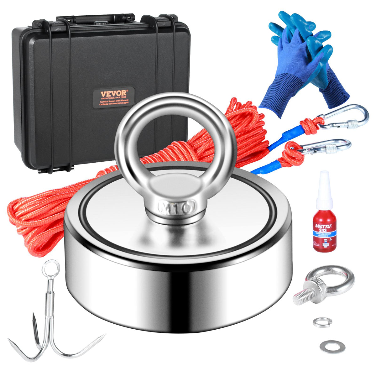 VEVOR Magnetic Fishing Kit with 545 kg Pulling Force, Double-Sided, Ø 75 mm, with Rope, Hook, Gloves, Waterproof Case, Eyebolt and Carabiner