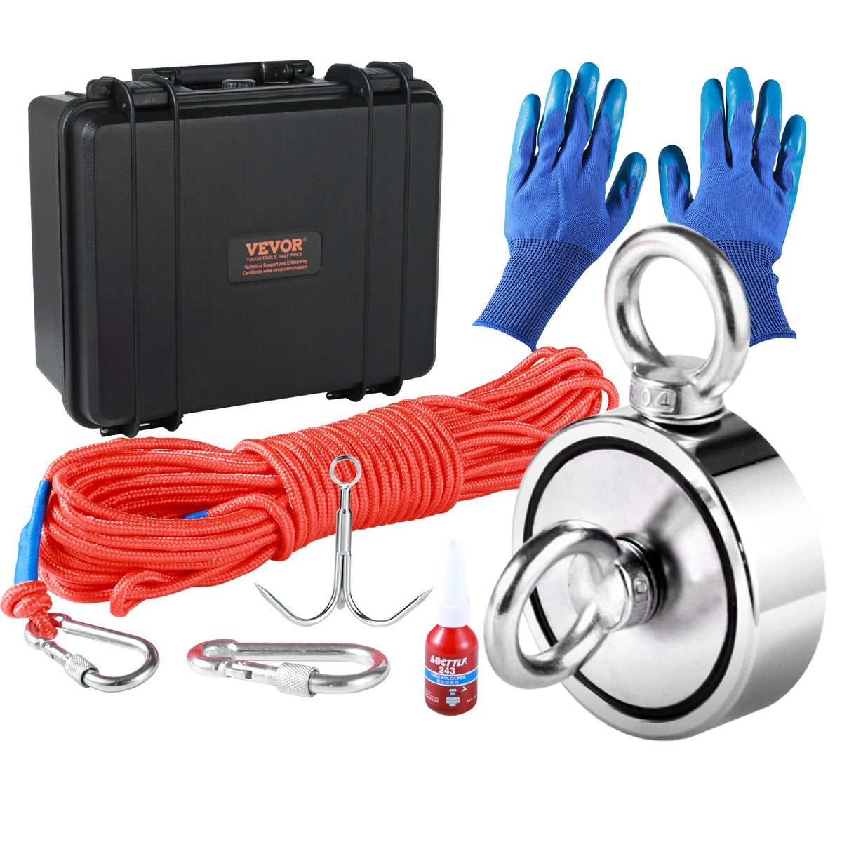 VEVOR Magnetic Fishing Kit with 545 kg Pulling Force, Double-Sided, Ø 75 mm, with Rope, Hook, Gloves, Waterproof Case, Eyebolt and Carabiner