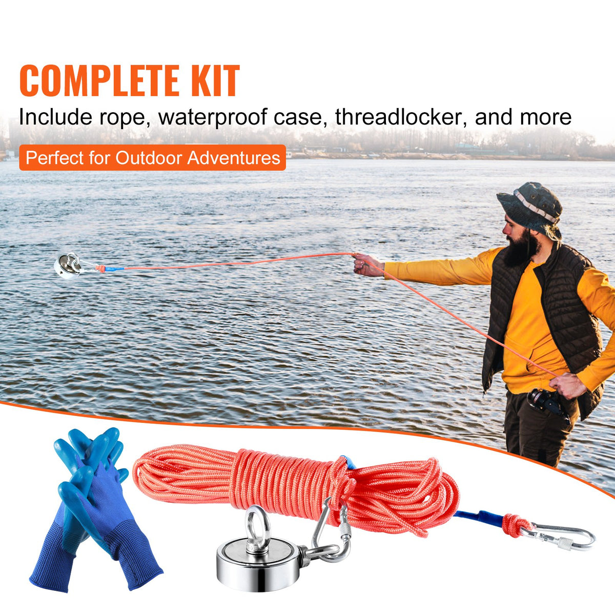 VEVOR Magnetic Fishing Kit with 545 kg Pulling Force, Double-Sided, Ø 75 mm, with Rope, Hook, Gloves, Waterproof Case, Eyebolt and Carabiner
