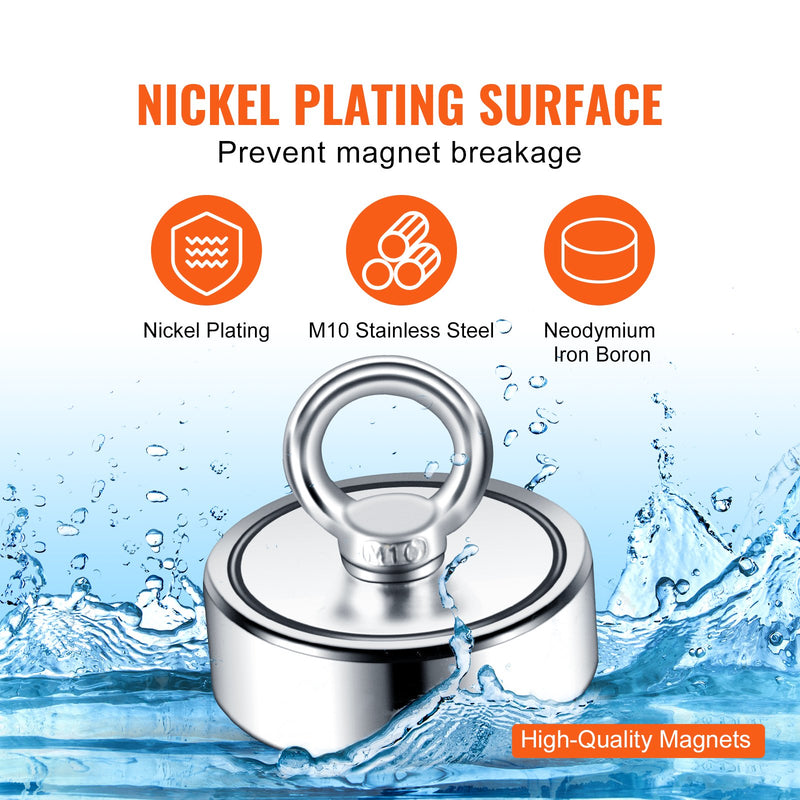 VEVOR magnētiskās makšķerēšanas komplekts ar 545 kg vilkmes spēku, dubultpusējs, Ø 75 mm, ar virvi, āķi, cimdiem, ūdensdrošu futrāli, vītņstiprinātāju un acu skrūvi