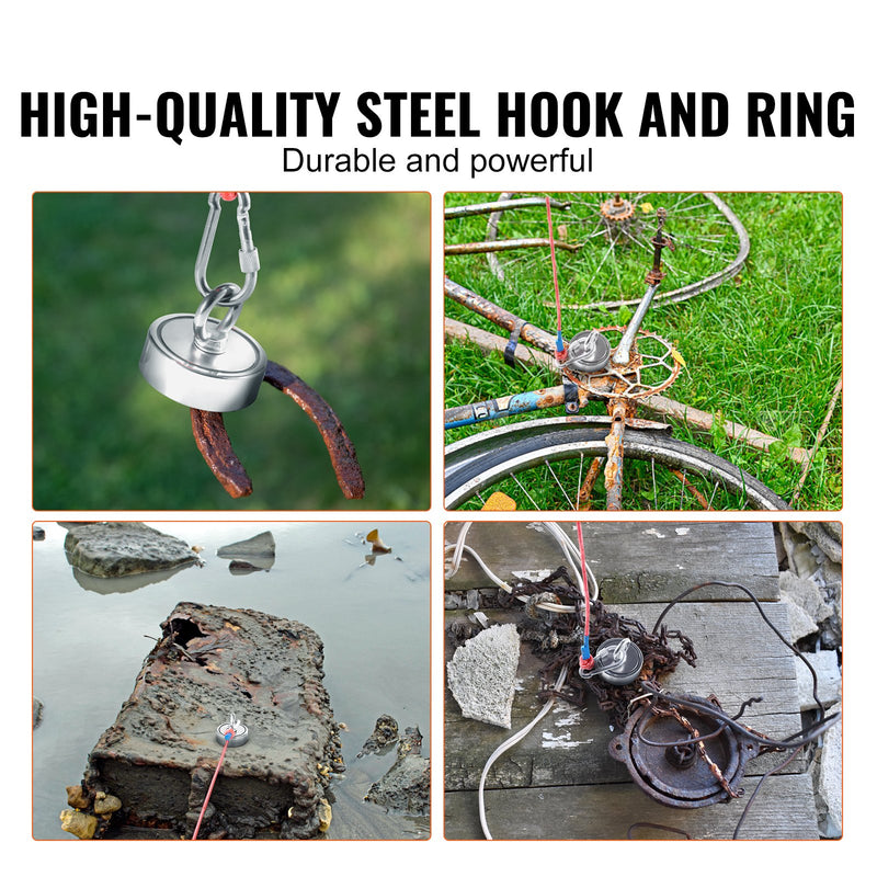 VEVOR magnētiskās makšķerēšanas komplekts ar 545 kg vilkmes spēku, dubultpusējs, Ø 75 mm, ar virvi, āķi, cimdiem, ūdensdrošu futrāli, vītņstiprinātāju un acu skrūvi