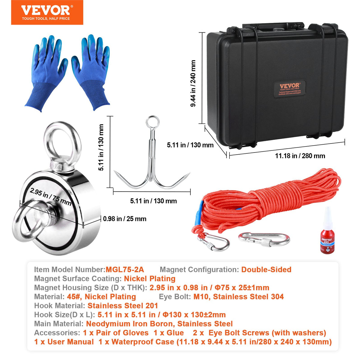 VEVOR Magnetic Fishing Kit with 545 kg Pulling Force, Double-Sided, Ø 75 mm, with Rope, Hook, Gloves, Waterproof Case, Eyebolt and Carabiner