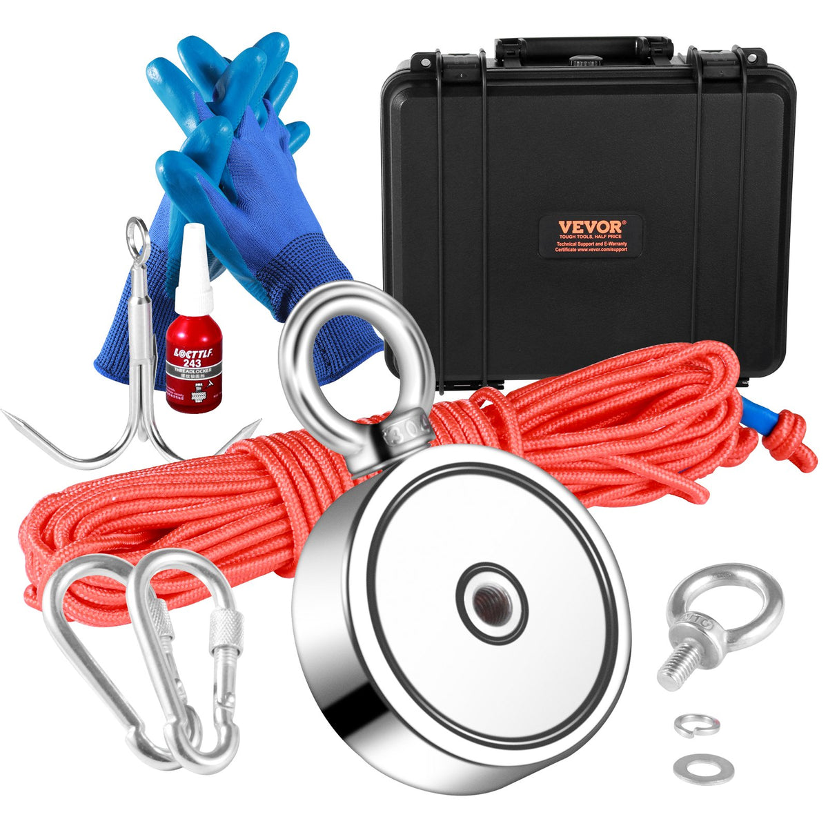 VEVOR Magnetic Fishing Kit with 545 kg Pulling Force, Double-Sided, Ø 75 mm, with Rope, Hook, Gloves, Waterproof Case, Eyebolt and Carabiner