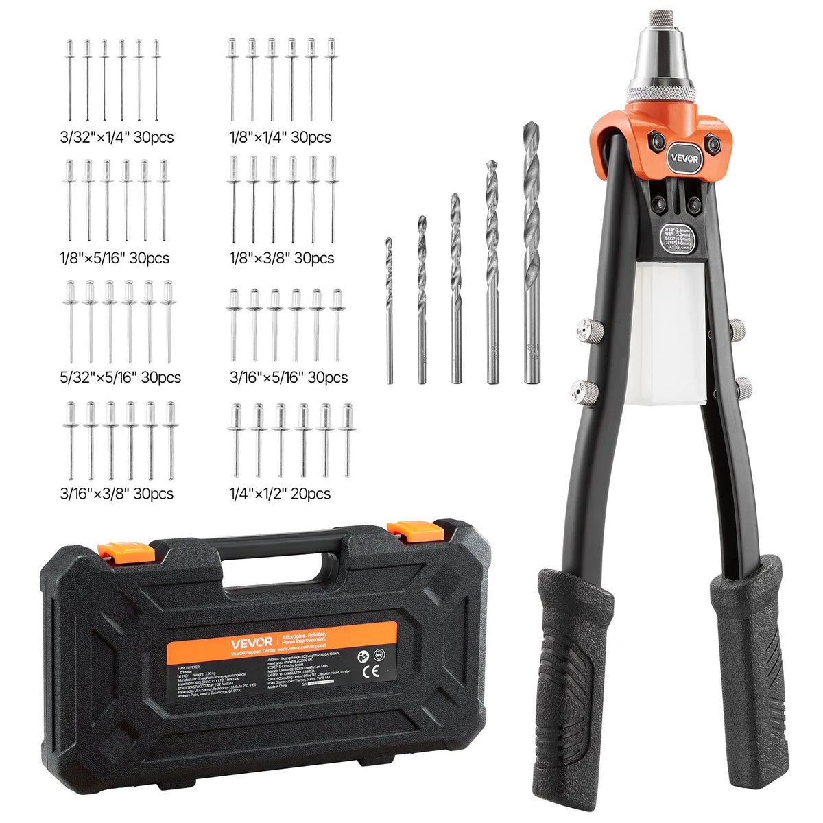VEVOR Manual Rivet Gun Kit, with 230 Blind Rivets, Two-Hand Riveter with 5 Interchangeable Nozzles, 5 Drill Bits and Carrying Case for Metal, Auto, Home and DIY Work