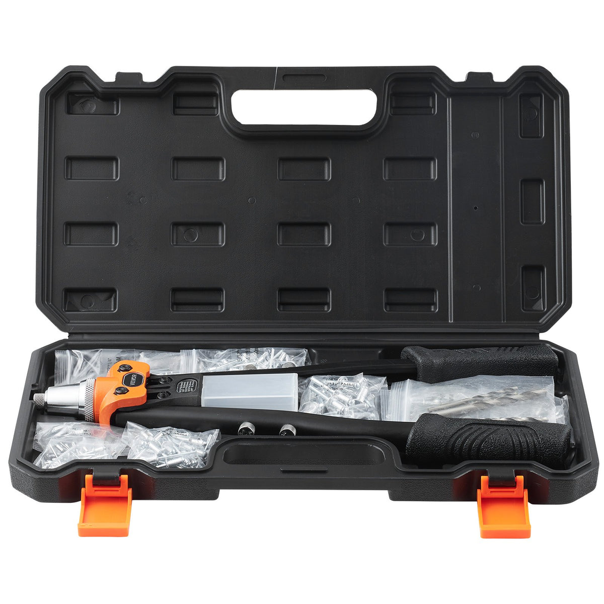 VEVOR Manual Rivet Gun Kit, with 230 Blind Rivets, Two-Hand Riveter with 5 Interchangeable Nozzles, 5 Drill Bits and Carrying Case for Metal, Auto, Home and DIY Work