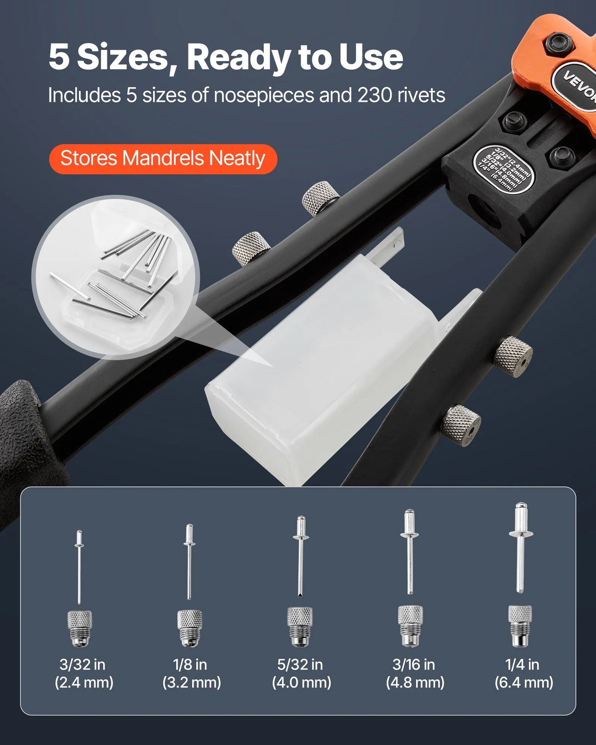 VEVOR Manual Rivet Gun Kit, with 230 Blind Rivets, Two-Hand Riveter with 5 Interchangeable Nozzles, 5 Drill Bits and Carrying Case for Metal, Auto, Home and DIY Work