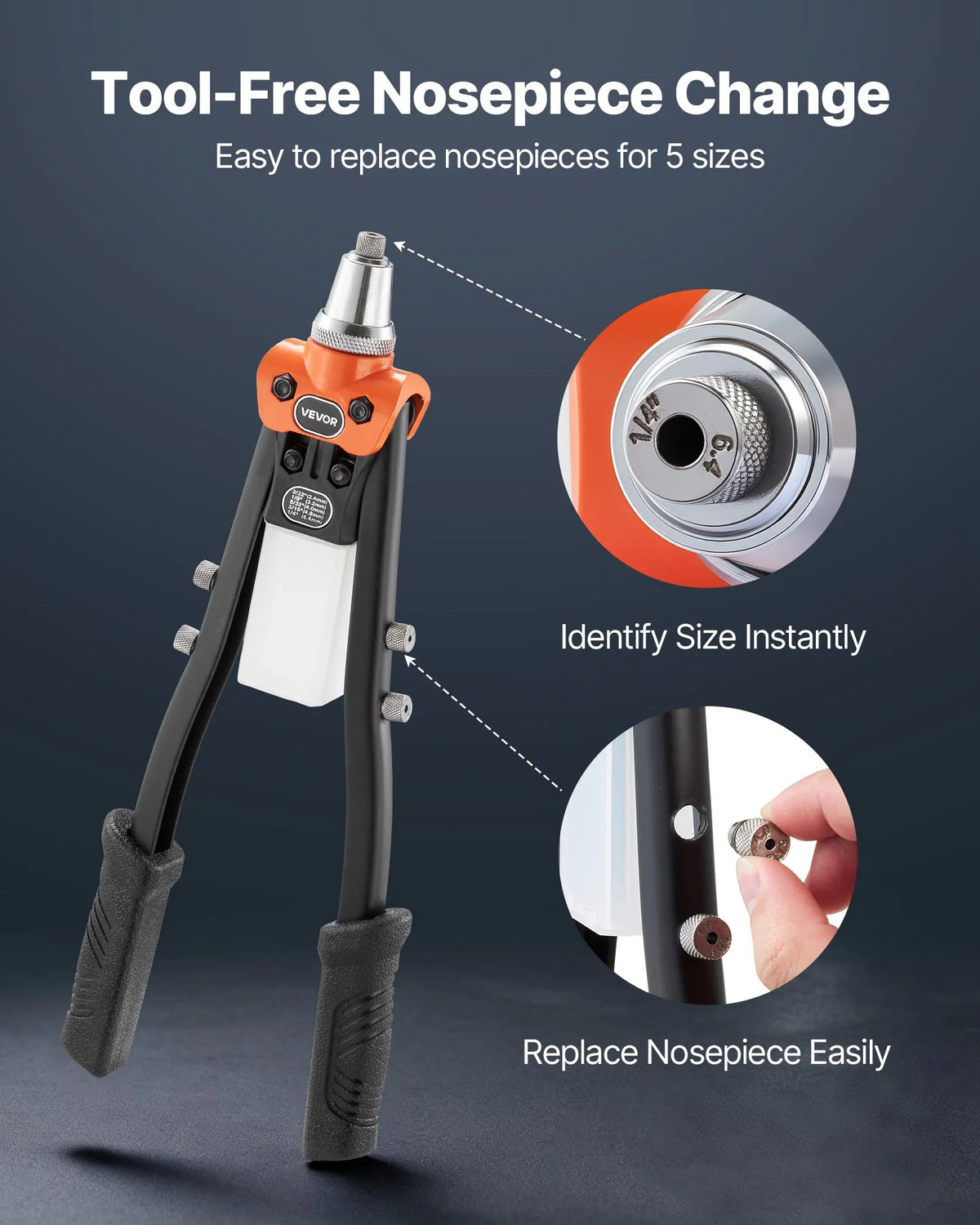 VEVOR Manual Rivet Gun Kit, with 230 Blind Rivets, Two-Hand Riveter with 5 Interchangeable Nozzles, 5 Drill Bits and Carrying Case for Metal, Auto, Home and DIY Work