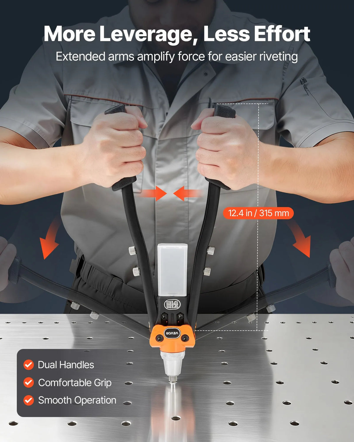 VEVOR Manual Rivet Gun Kit, with 230 Blind Rivets, Two-Hand Riveter with 5 Interchangeable Nozzles, 5 Drill Bits and Carrying Case for Metal, Auto, Home and DIY Work