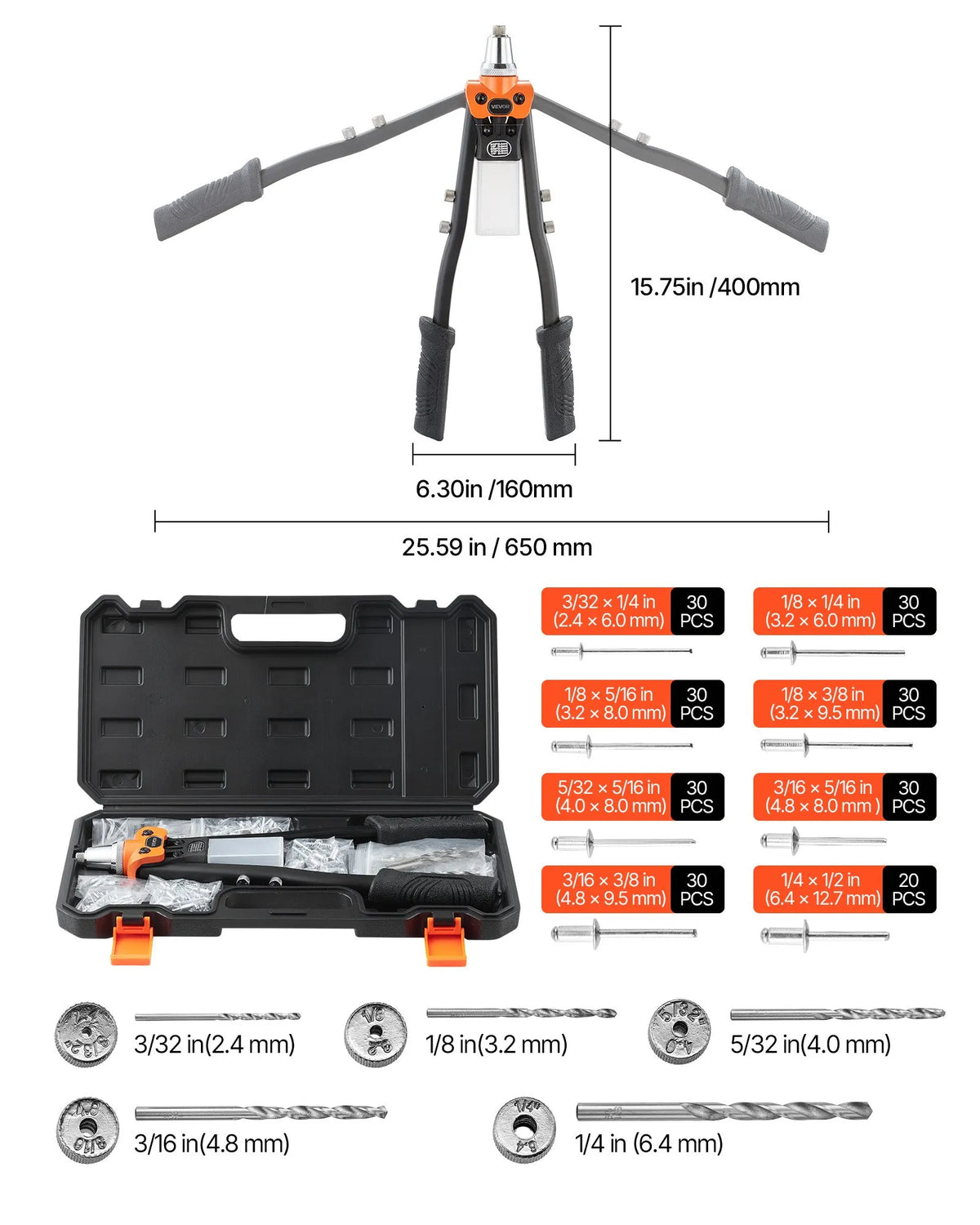 VEVOR Manual Rivet Gun Kit, with 230 Blind Rivets, Two-Hand Riveter with 5 Interchangeable Nozzles, 5 Drill Bits and Carrying Case for Metal, Auto, Home and DIY Work