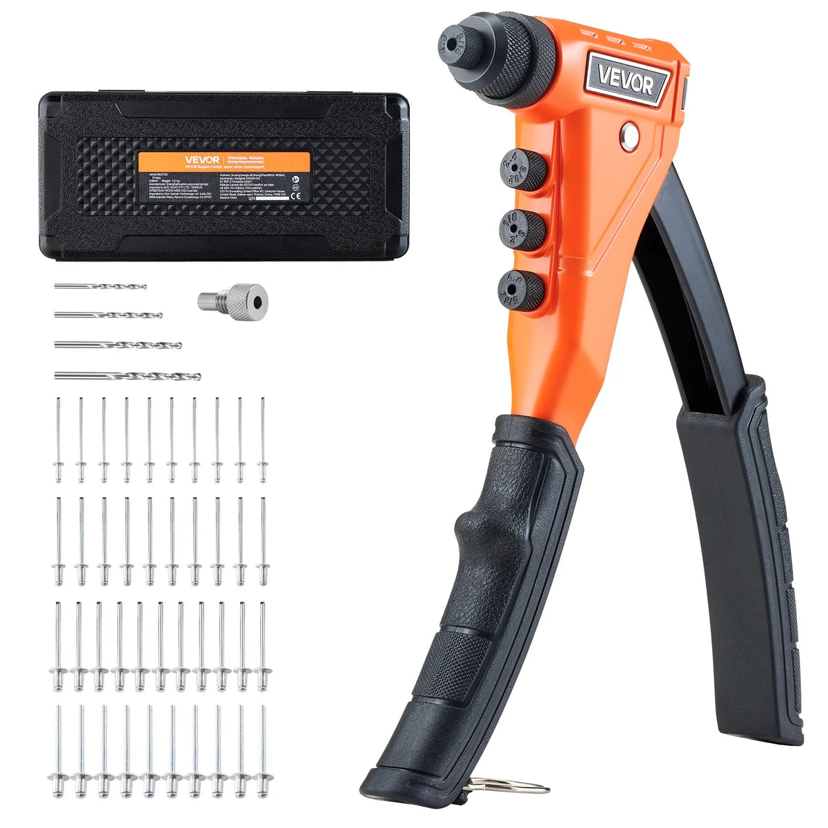 VEVOR Hand Rivet Gun with 200 Blind Rivets, 4 Interchangeable Nozzles and 4 Drill Bits, with Portable Case, for Metal and Auto Work