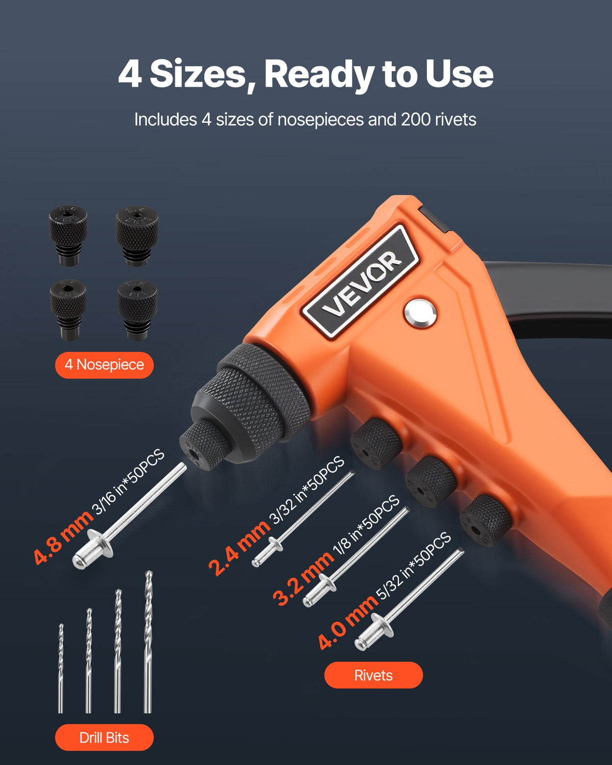 VEVOR Hand Rivet Gun with 200 Blind Rivets, 4 Interchangeable Nozzles and 4 Drill Bits, with Portable Case, for Metal and Auto Work