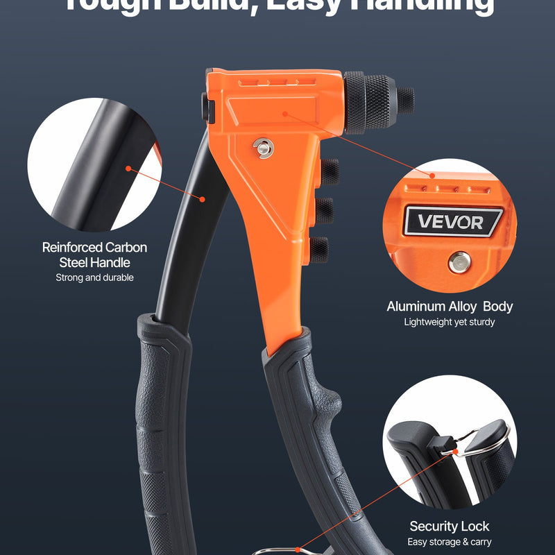 VEVOR Rokas kniežu pistole ar 200 aklajām kniedēm, 4 maināmiem uzgaļiem un 4 urbjiem, ar pārnēsājamu koferi, metālam un auto darbiem