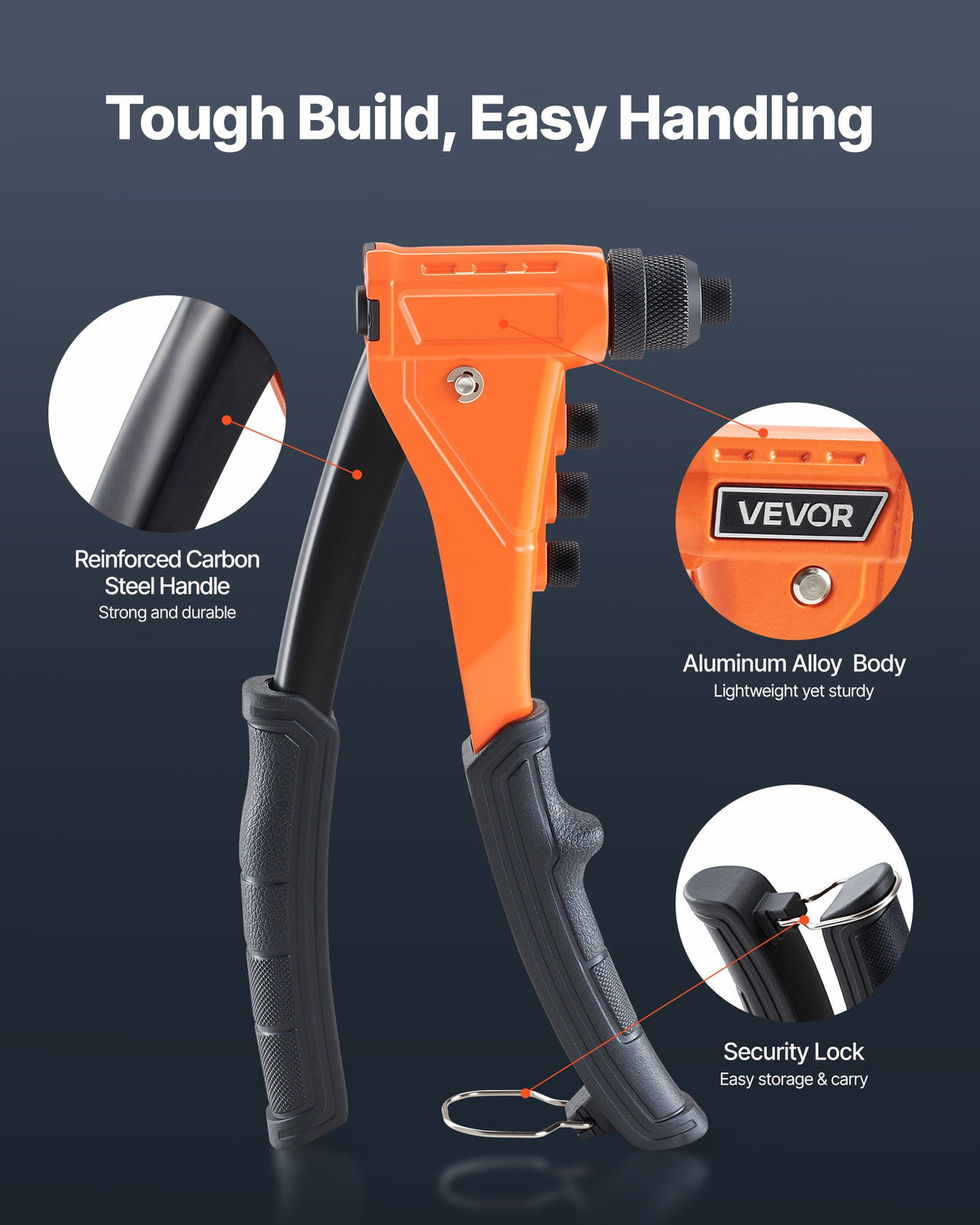 VEVOR Hand Rivet Gun with 200 Blind Rivets, 4 Interchangeable Nozzles and 4 Drill Bits, with Portable Case, for Metal and Auto Work