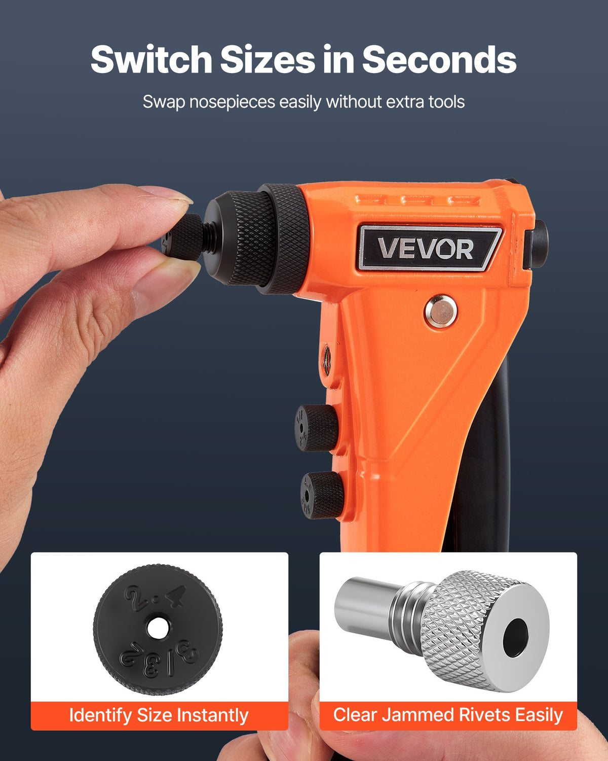 VEVOR Hand Rivet Gun with 200 Blind Rivets, 4 Interchangeable Nozzles and 4 Drill Bits, with Portable Case, for Metal and Auto Work