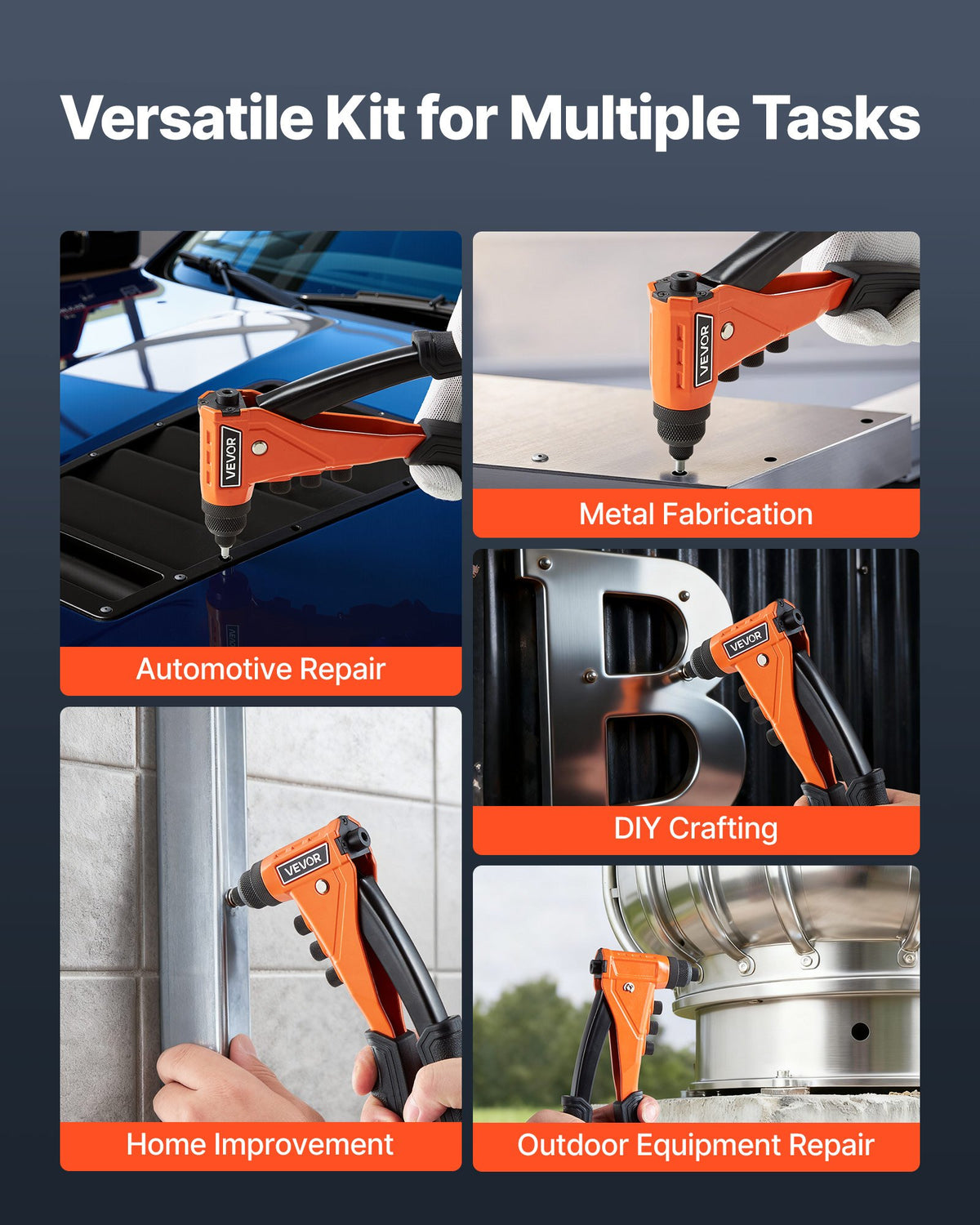 VEVOR Hand Rivet Gun with 200 Blind Rivets, 4 Interchangeable Nozzles and 4 Drill Bits, with Portable Case, for Metal and Auto Work