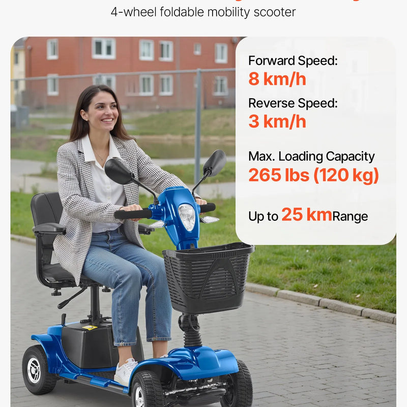 VEVOR 4 riteņu salokāms elektriskais mobilitātes skrejritenis pieaugušajiem un senioriem, darbības attālums līdz 25 km, piemērots dažādiem segumiem, neslīdoši riteņi, kāpuma pārvarēšana līdz 9°, slodze līdz 120 kg - ZEMLETES.LV