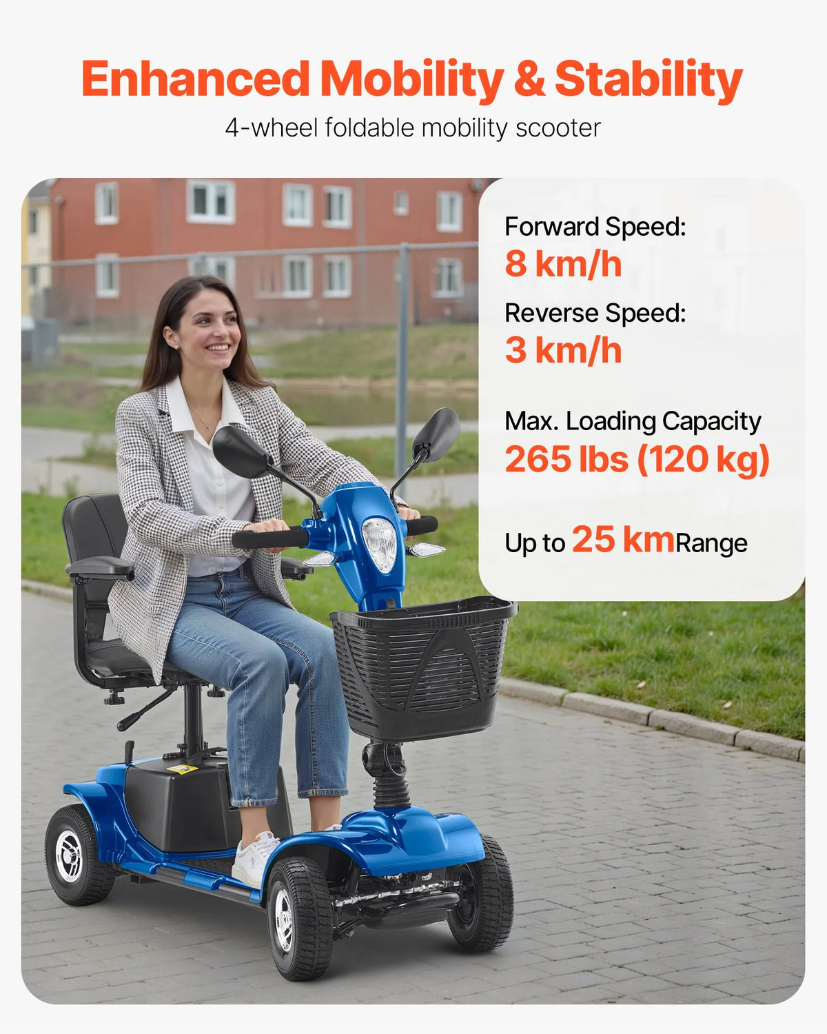 VEVOR 4 riteņu salokāms elektriskais mobilitātes skrejritenis pieaugušajiem un senioriem, darbības attālums līdz 25 km, piemērots dažādiem segumiem, neslīdoši riteņi, kāpuma pārvarēšana līdz 9°, slodze līdz 120 kg - ZEMLETES.LV