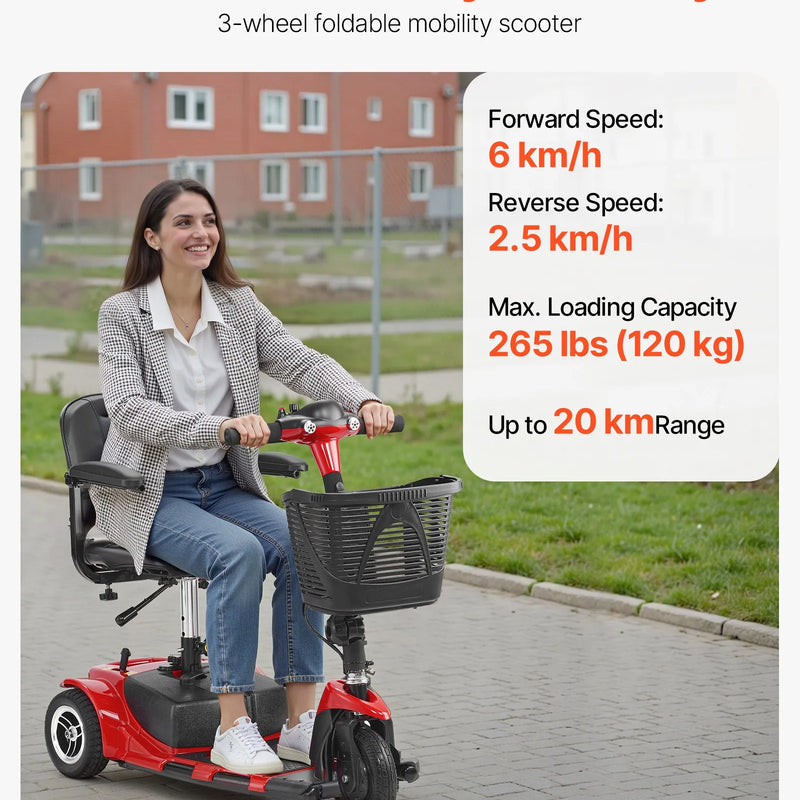 VEVOR 3 riteņu elektriskais mobilitātes skrejritenis pieaugušajiem un senioriem, salokāms, darbības attālums līdz 20 km, piemērots dažādiem segumiem, neslīdoši riteņi, kāpuma pārvarēšana līdz 9°, slodze līdz 120 kg - ZEMLETES.LV