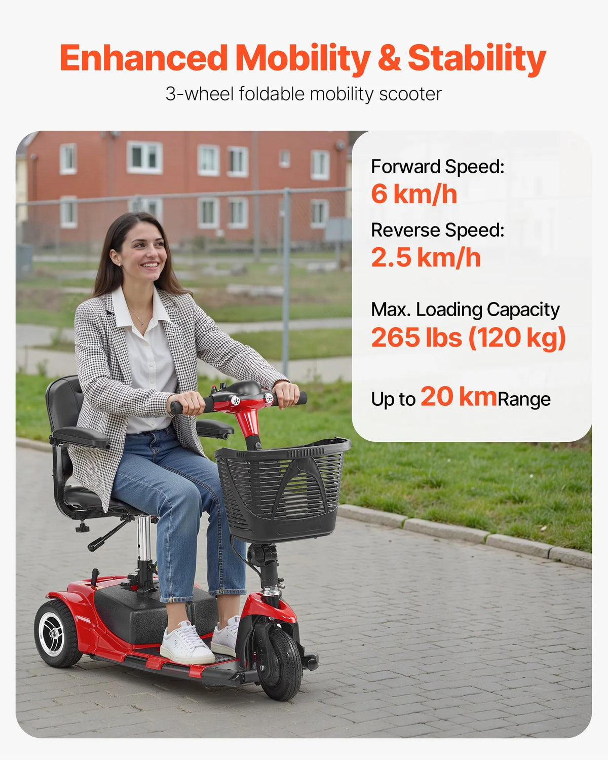 VEVOR 3 riteņu elektriskais mobilitātes skrejritenis pieaugušajiem un senioriem, salokāms, darbības attālums līdz 20 km, piemērots dažādiem segumiem, neslīdoši riteņi, kāpuma pārvarēšana līdz 9°, slodze līdz 120 kg - ZEMLETES.LV