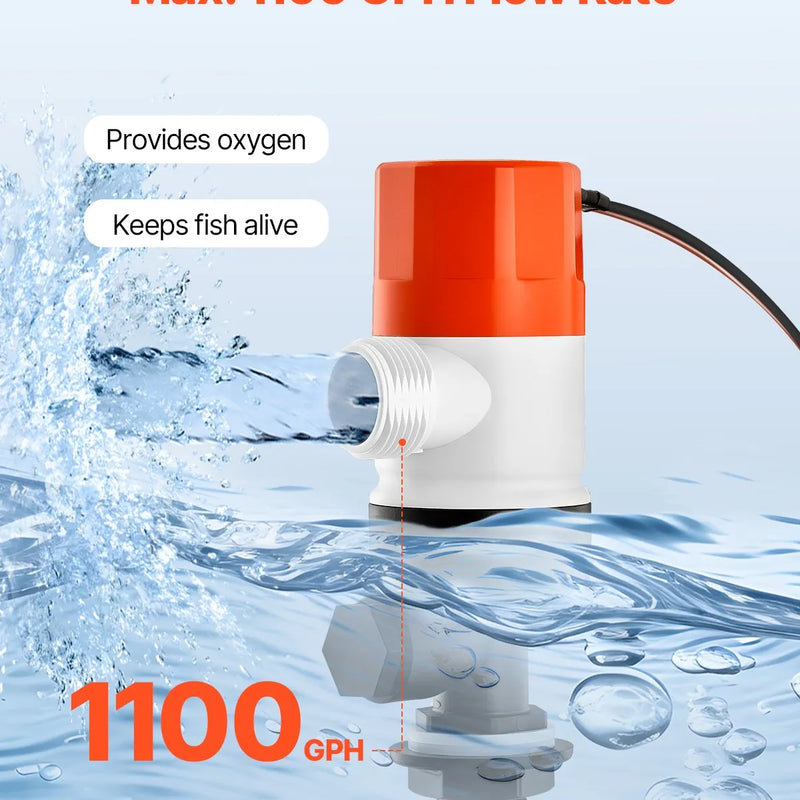 VEVOR 12 V laivas livewell aeratora sūknis, plūsma 69 l/min, taisna konstrukcija ar dubultu ieplūdi, korozijizturīgs ABA korpuss un noņemams motora kasetnes modulis, piemērots saldūdenim un sālsūdenim