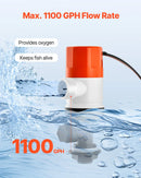 VEVOR 12 V laivas livewell aeratora sūknis, plūsma 69 l/min, taisna konstrukcija ar dubultu ieplūdi, korozijizturīgs ABA korpuss un noņemams motora kasetnes modulis, piemērots saldūdenim un sālsūdenim