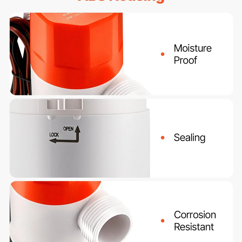 VEVOR 12 V laivas livewell aeratora sūknis, plūsma 69 l/min, taisna konstrukcija ar dubultu ieplūdi, korozijizturīgs ABA korpuss un noņemams motora kasetnes modulis, piemērots saldūdenim un sālsūdenim