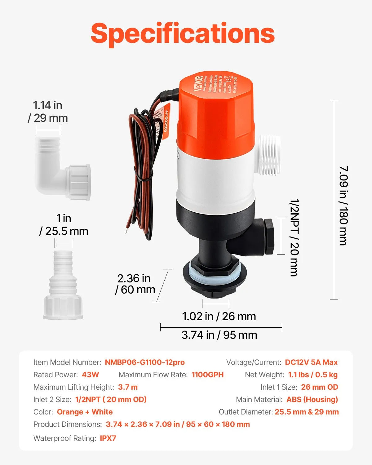 VEVOR 12 V Boat Livewell Aerator Pump, 69 l/min Flow Rate, Straight Design with Dual Inlet, Corrosion-Resistant ABA Housing and Removable Motor Cartridge Module, Suitable for Freshwater and Saltwater