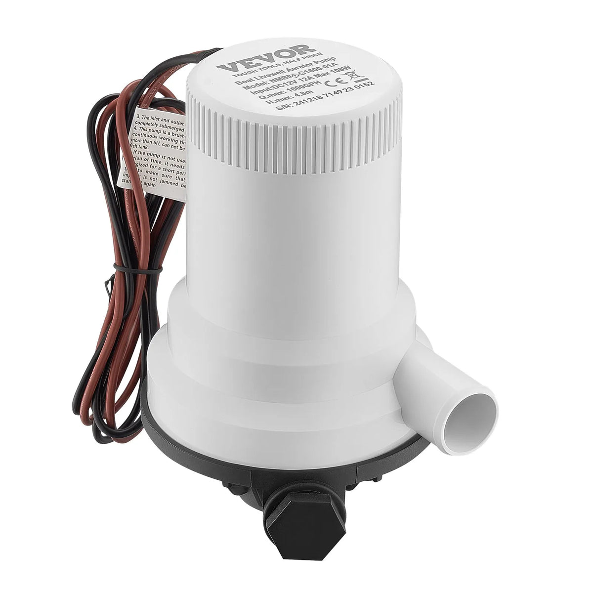 VEVOR 12 V Live Fish Tank Aerator Pump for Boats, 101 l/min Flow Rate, Straight Pump with Dual Inlet, Corrosion-Resistant ABA Housing and Removable Motor Cartridge, Suitable for Freshwater and Saltwater