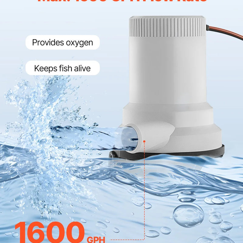 VEVOR 12 V laivas dzīvo zivju tvertnes aeratora sūknis, plūsma 101 l/min, taisnas konstrukcijas sūknis ar dubultu ieplūdi, korozijizturīgs ABA korpuss un noņemama motora kasetne, piemērots saldūdenim un sālsūdenim