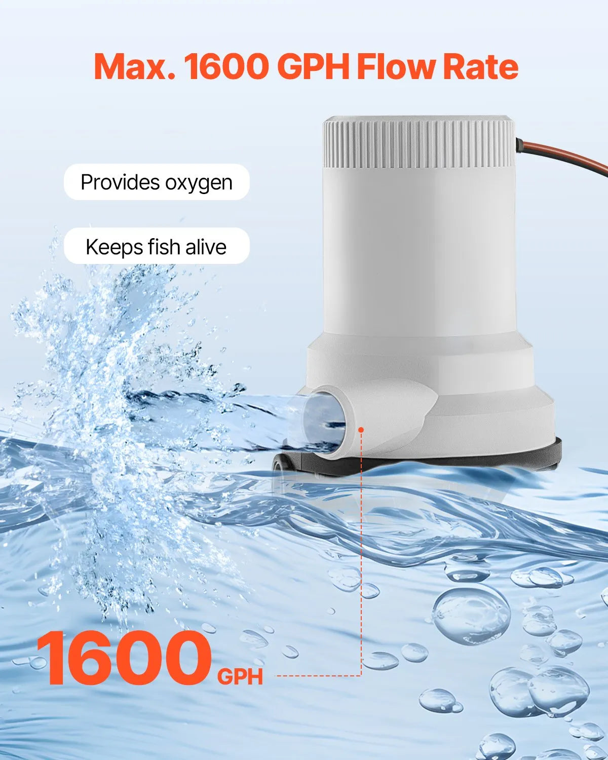 VEVOR 12 V Live Fish Tank Aerator Pump for Boats, 101 l/min Flow Rate, Straight Pump with Dual Inlet, Corrosion-Resistant ABA Housing and Removable Motor Cartridge, Suitable for Freshwater and Saltwater