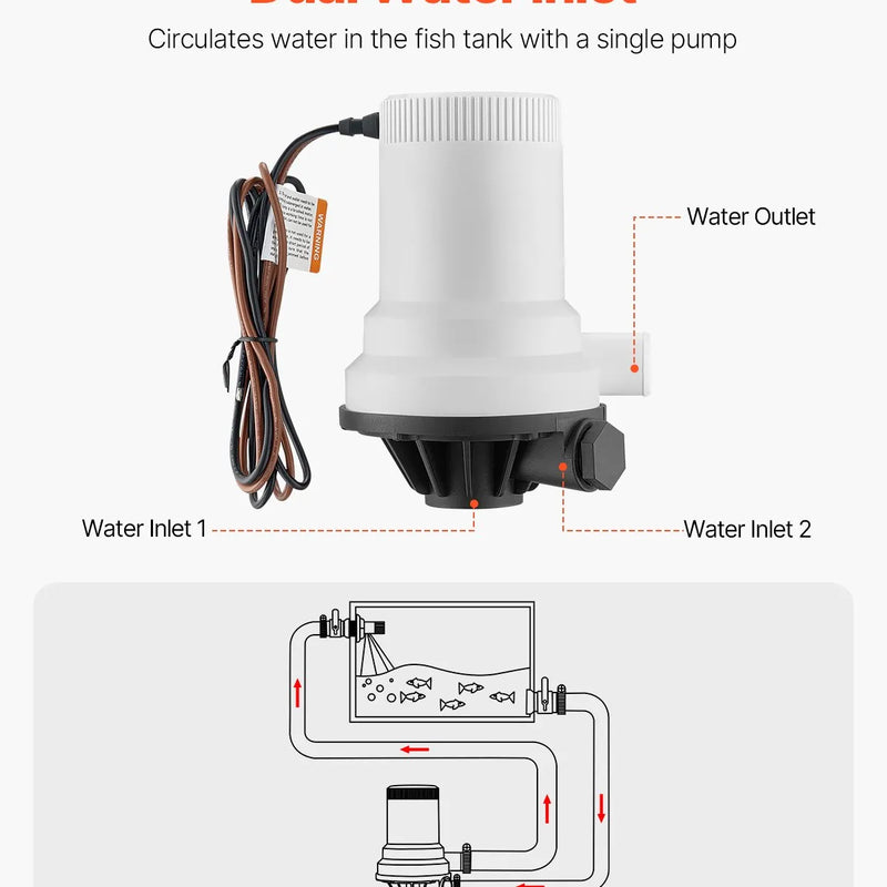 VEVOR 12 V laivas dzīvo zivju tvertnes aeratora sūknis, plūsma 101 l/min, taisnas konstrukcijas sūknis ar dubultu ieplūdi, korozijizturīgs ABA korpuss un noņemama motora kasetne, piemērots saldūdenim un sālsūdenim