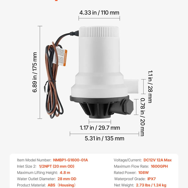 VEVOR 12 V laivas dzīvo zivju tvertnes aeratora sūknis, plūsma 101 l/min, taisnas konstrukcijas sūknis ar dubultu ieplūdi, korozijizturīgs ABA korpuss un noņemama motora kasetne, piemērots saldūdenim un sālsūdenim