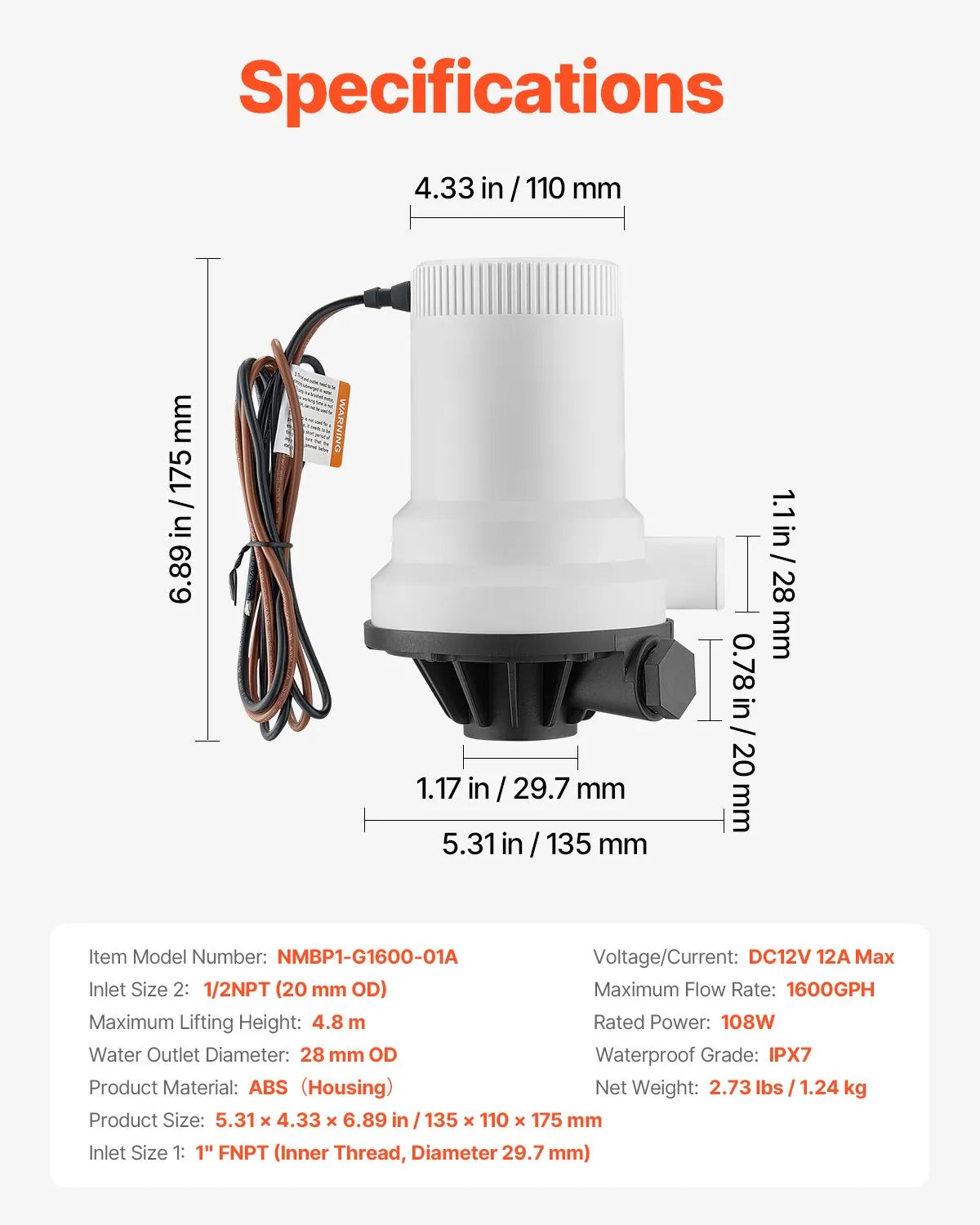 VEVOR 12 V Live Fish Tank Aerator Pump for Boats, 101 l/min Flow Rate, Straight Pump with Dual Inlet, Corrosion-Resistant ABA Housing and Removable Motor Cartridge, Suitable for Freshwater and Saltwater