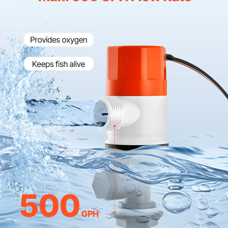 VEVOR 12 V laivas dzīvo zivju tvertnes aeratora sūknis, plūsma 32 l/min, taisnas konstrukcijas sūknis ar dubultu ieplūdi, korozijizturīgs ABA korpuss un noņemama motora kasetne, piemērots saldūdenim un sālsūdenim