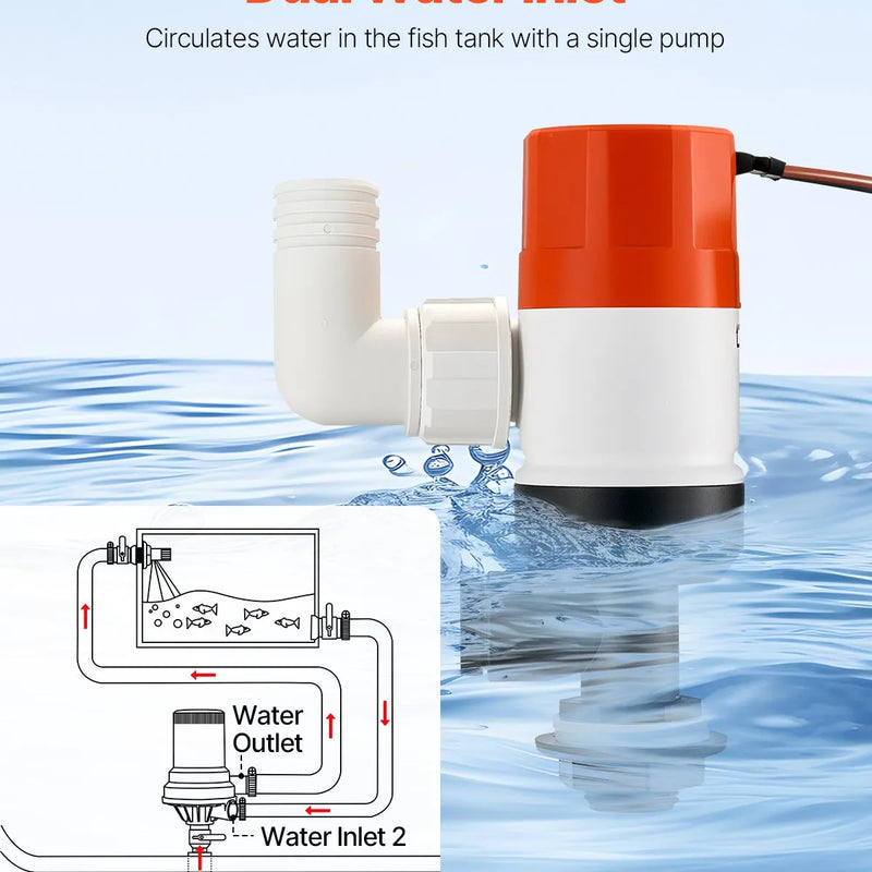 VEVOR 12 V laivas dzīvo zivju tvertnes aeratora sūknis, plūsma 32 l/min, taisnas konstrukcijas sūknis ar dubultu ieplūdi, korozijizturīgs ABA korpuss un noņemama motora kasetne, piemērots saldūdenim un sālsūdenim