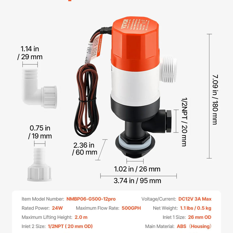 VEVOR 12 V laivas dzīvo zivju tvertnes aeratora sūknis, plūsma 32 l/min, taisnas konstrukcijas sūknis ar dubultu ieplūdi, korozijizturīgs ABA korpuss un noņemama motora kasetne, piemērots saldūdenim un sālsūdenim