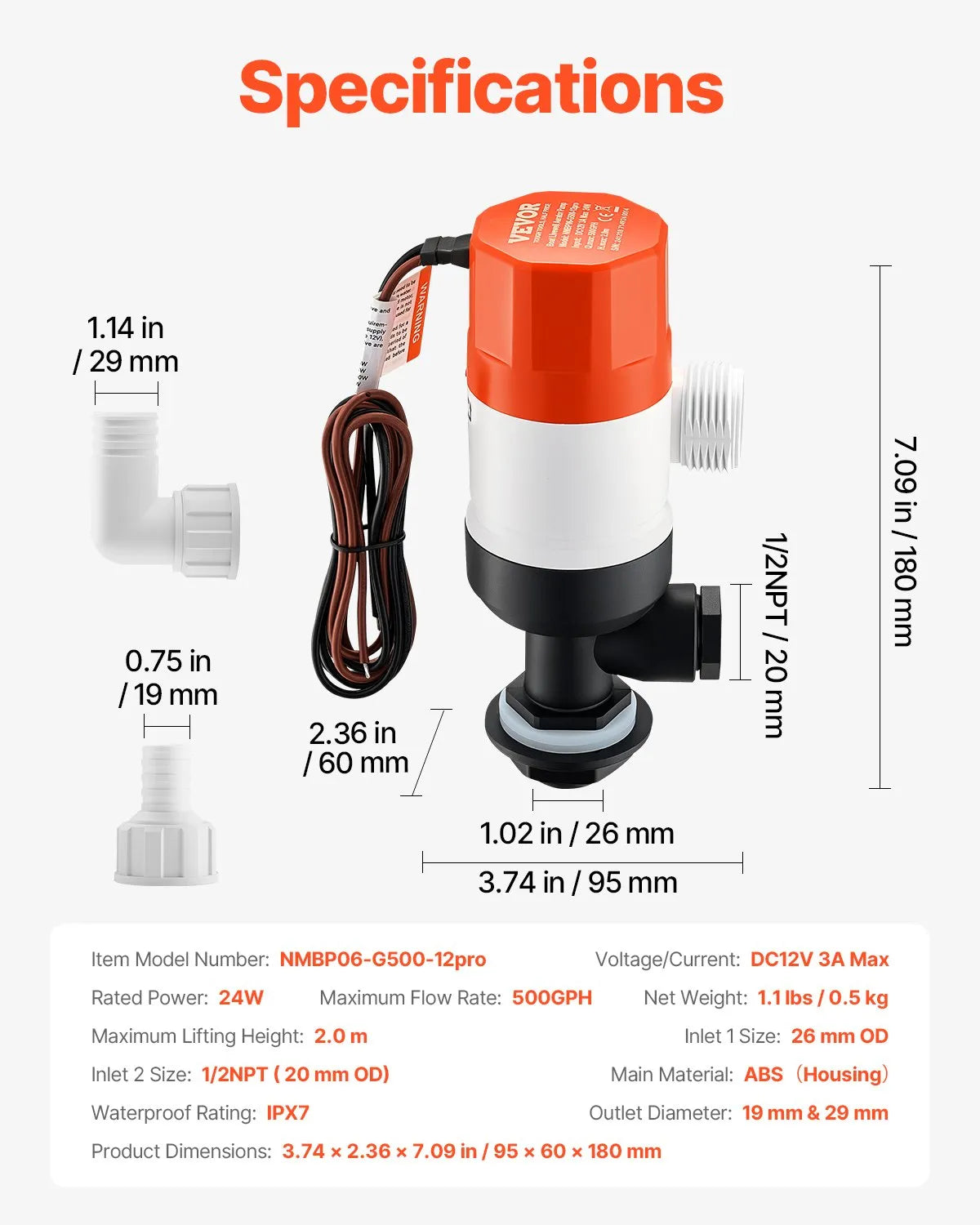 VEVOR 12 V Live Bait Tank Aerator Pump, 32 l/min Flow Rate, Straight Pump with Dual Inlet, Corrosion-Resistant ABA Housing and Removable Motor Cartridge, Suitable for Freshwater and Saltwater