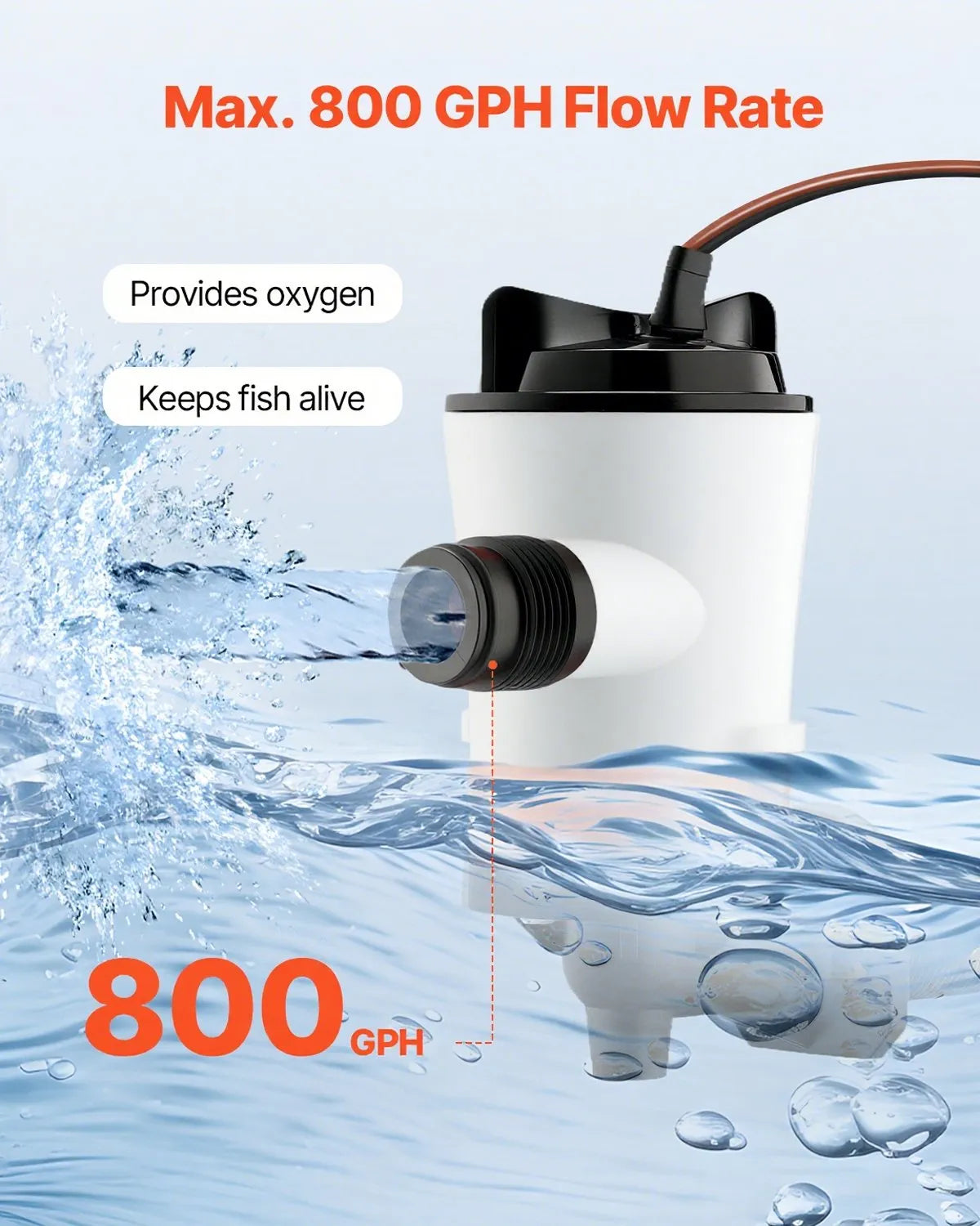 VEVOR 12 V Boat Live Fish Tank Aerator Pump, 50 l/min Flow, 90° Design with Removable Motor, Corrosion-Resistant Submersible Bait Tank Pump, Suitable for Freshwater and Saltwater