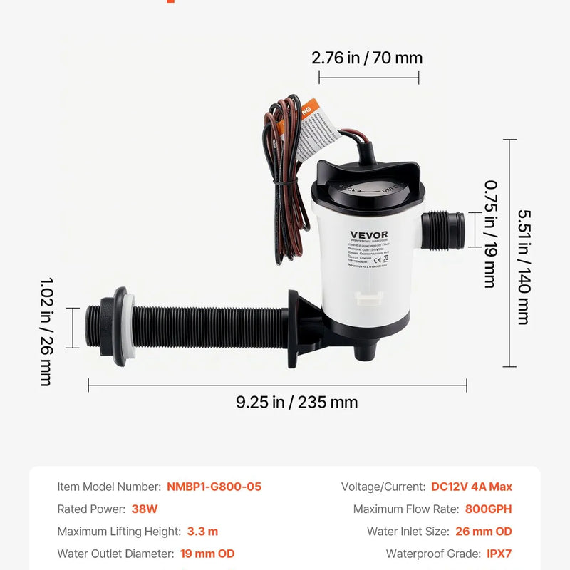 VEVOR 12 V laivas dzīvo zivju tvertnes aeratora sūknis, plūsma 50 l/min, 90° konstrukcija ar noņemamu motoru, korozijizturīgs iegremdējams ēsmas tvertnes sūknis, piemērots saldūdenim un sālsūdenim