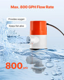 VEVOR taisnas konstrukcijas dzīvo zivju tvertnes aeratora sūknis, plūsma 50 l/min, ar dubultu ieplūdi, korozijizturīgu ABA korpusu un noņemamu motora kasetni, piemērots saldūdenim un sālsūdenim