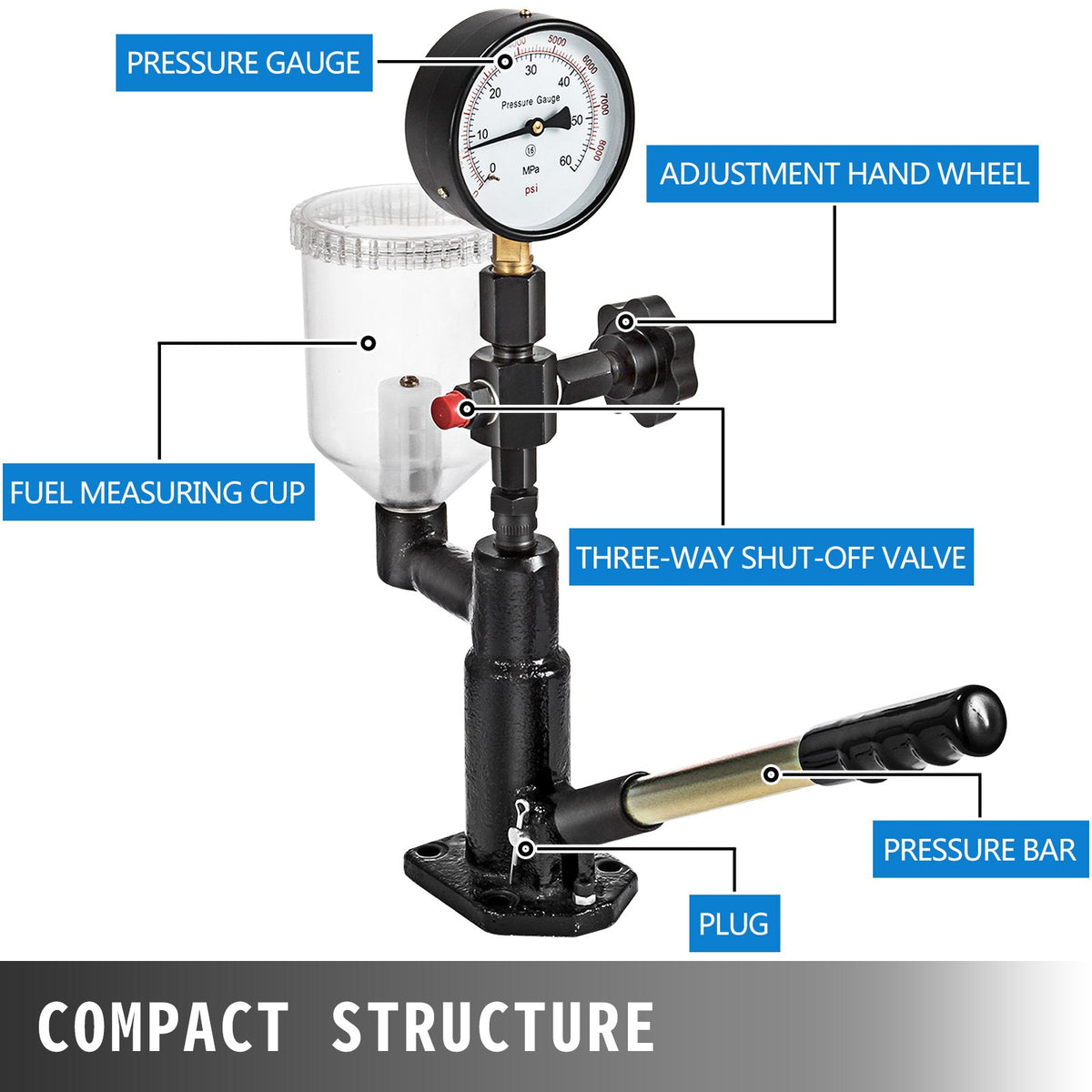 VEVOR MOPHORN 400 bar / 6000 PSI diesel fuel injector tester with dual gauge for injector pressure adjustment and testing