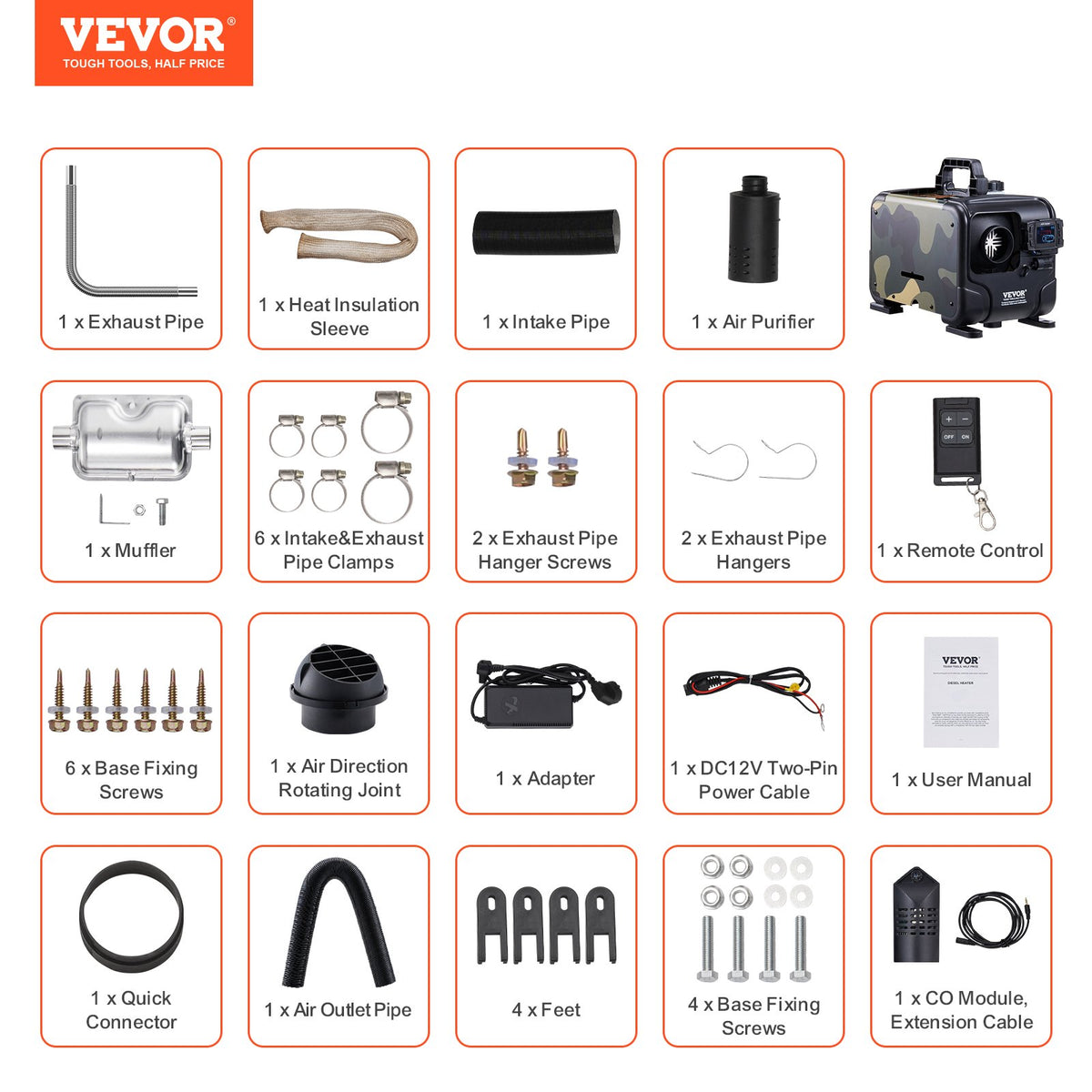 VEVOR dīzeļa gaisa sildītājs, 8 kW, 12 V/24 V, ar Bluetooth lietotni un tālvadību