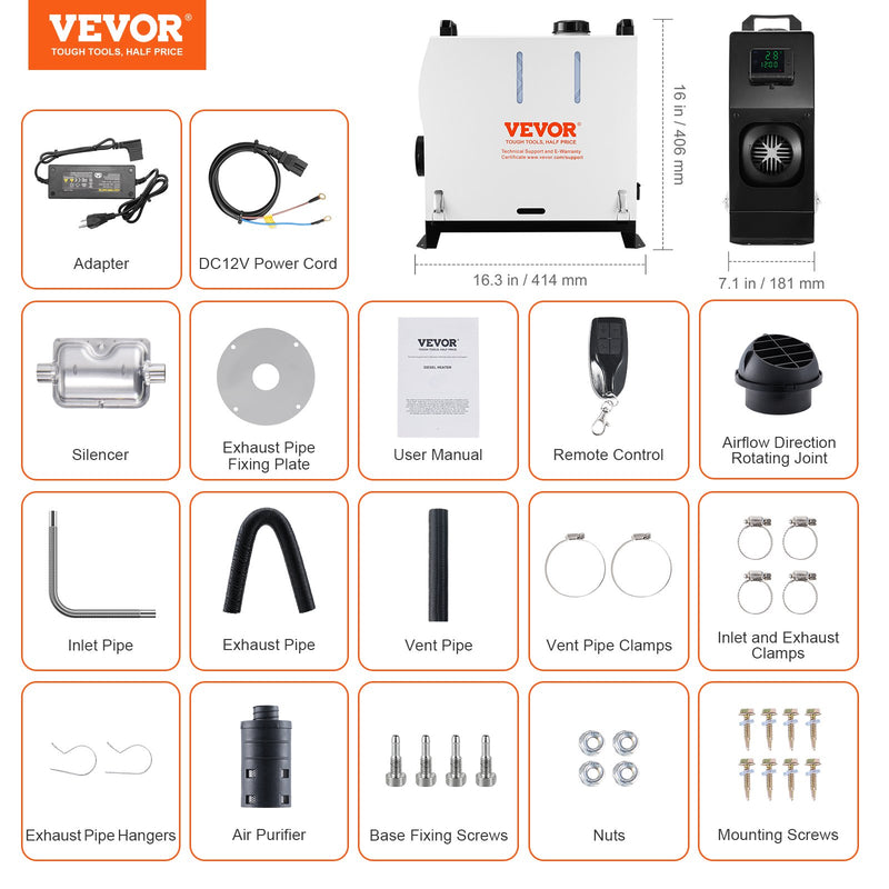220V un 12v VEVOR 5–8 kW dīzeļsildītājs, dīzeļa gaisa sildītājs viss vienā ar tālvadības pulti un LCD ekrānu, ātra uzsildīšana, zems trokšņa līmenis, pārnēsājams dīzeļsildītājs kravas automašīnām, furgoniem un kemperiem