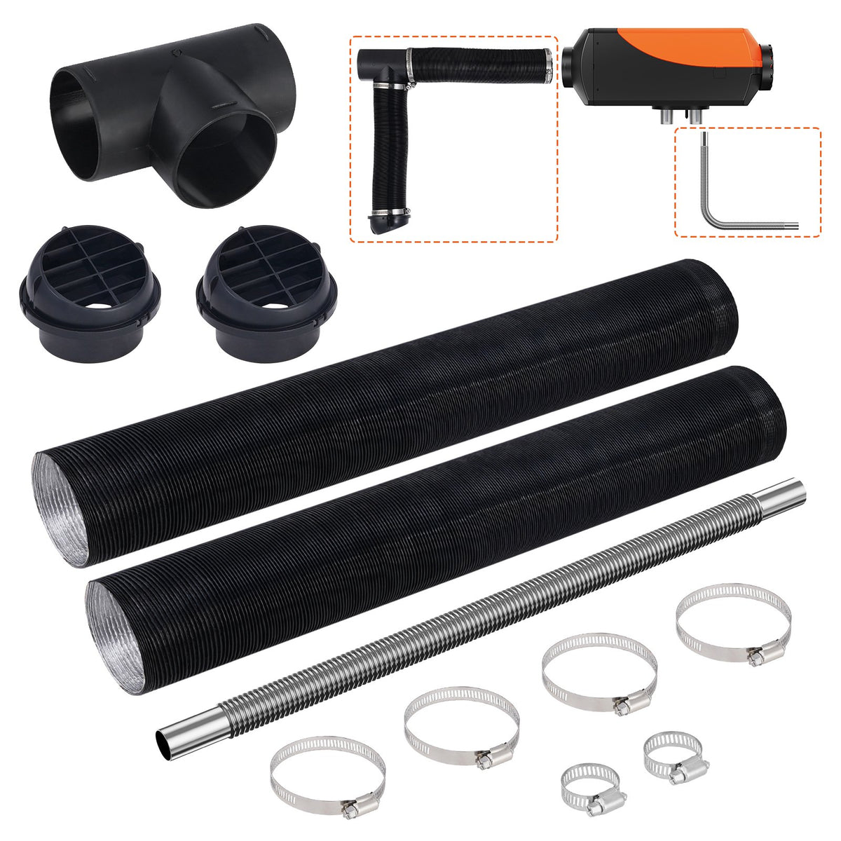 VEVOR Diesel Heater Pipe & Wiring Kit, 7.62 cm Extendable Air Hose, 2.54 cm Stainless Steel Exhaust Pipe, 2 Air Vents, T-Shaped Air Outlet Connector and Hose Clamps, Suitable for 2KW/5KW/8KW Heaters