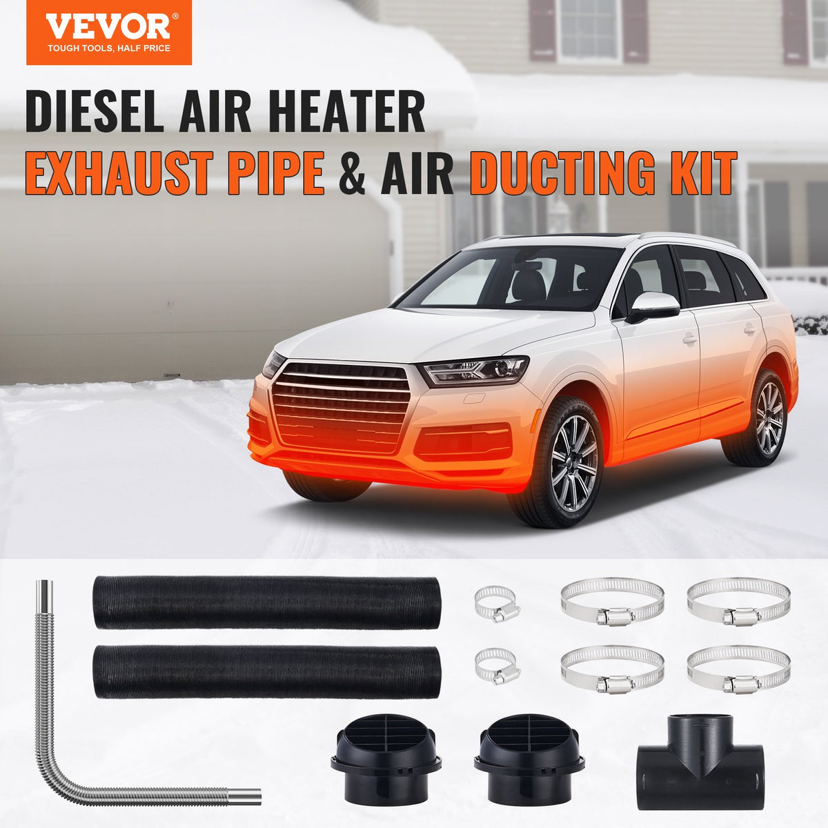 VEVOR Diesel Heater Pipe & Wiring Kit, 7.62 cm Extendable Air Hose, 2.54 cm Stainless Steel Exhaust Pipe, 2 Air Vents, T-Shaped Air Outlet Connector and Hose Clamps, Suitable for 2KW/5KW/8KW Heaters