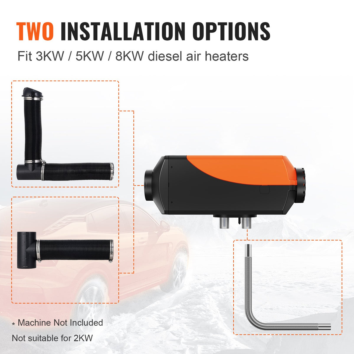 VEVOR Diesel Heater Pipe & Wiring Kit, 7.62 cm Extendable Air Hose, 2.54 cm Stainless Steel Exhaust Pipe, 2 Air Vents, T-Shaped Air Outlet Connector and Hose Clamps, Suitable for 2KW/5KW/8KW Heaters